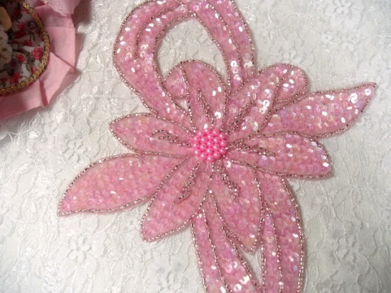 0234 Pink Floral Sequin Beaded Applique 13.75"