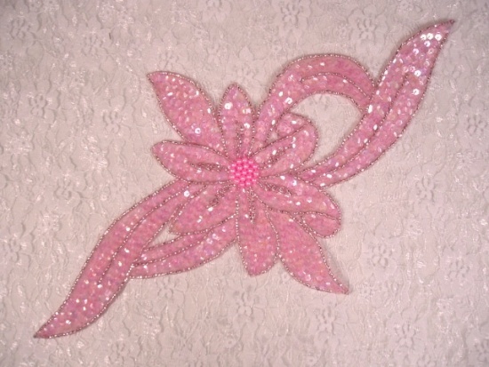 0234 Pink Floral Sequin Beaded Applique 13.75"