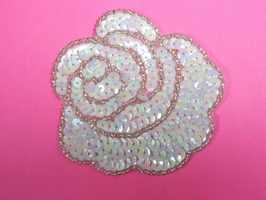 0235 White Ab Rose Flower Sequin Beaded Applique 3"