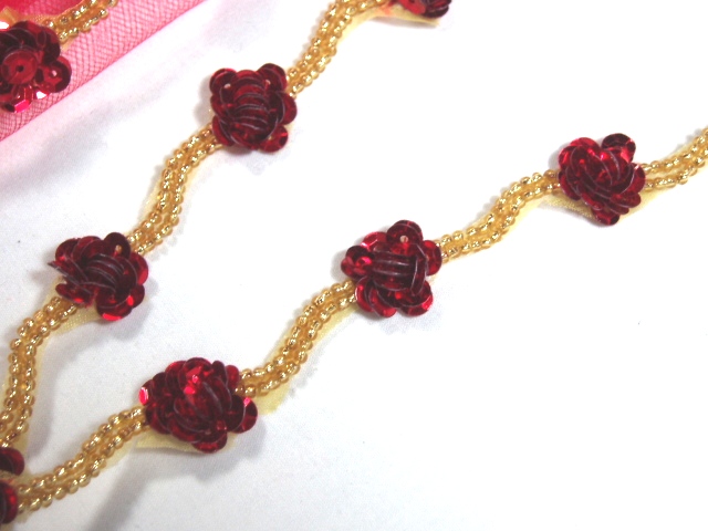0240  Red Gold Floral Sequin Beaded Trim 1/2"