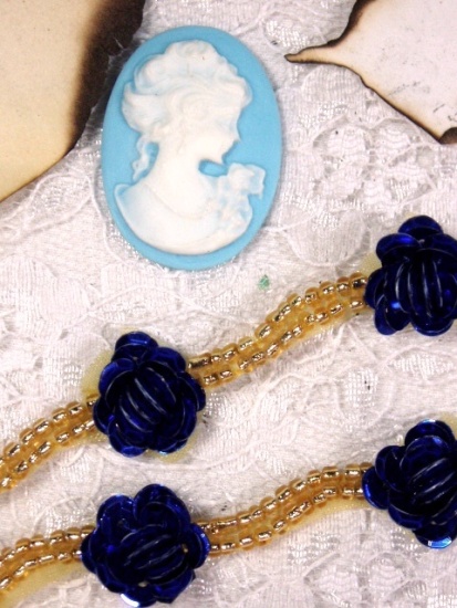 0240  Blue Gold Flower Sequin Beaded Trim