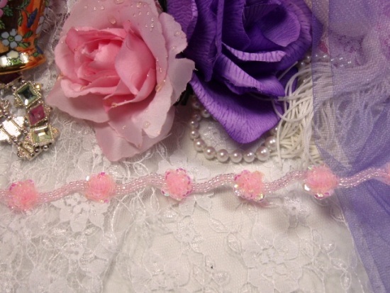0240  Pink Crystal Flower Sequin Beaded Trim