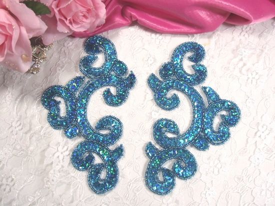 0242 Turquoise Mirror Pair Sequin Beaded Appliques 6"