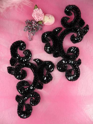 0242 Black Mirror Pair Sequin Beaded Appliques 6"