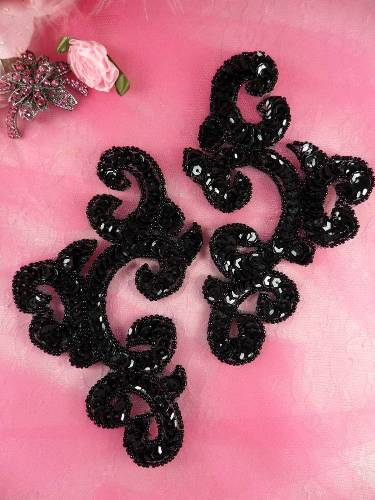 0242 Black Mirror Pair Sequin Beaded Appliques 6"