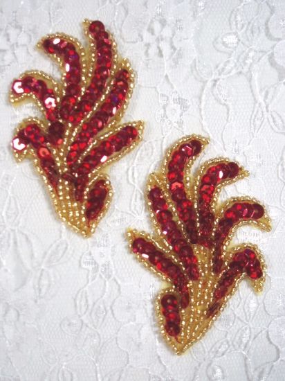 0244 Red & Gold Mirror Pair Sequin Beaded Appliques 3"