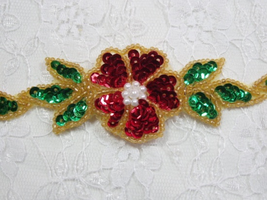 0246   Christmas Floral Sequin Beaded Trim 1.5"