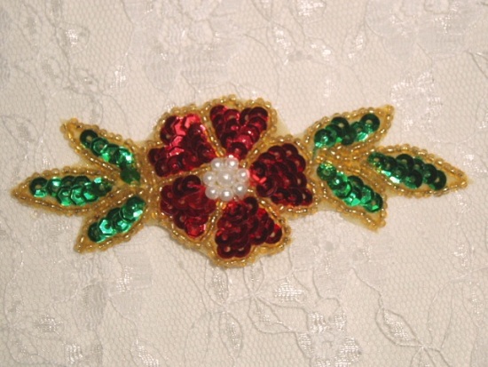 A0246   Christmas Floral Sequin Beaded Applique 3.25"