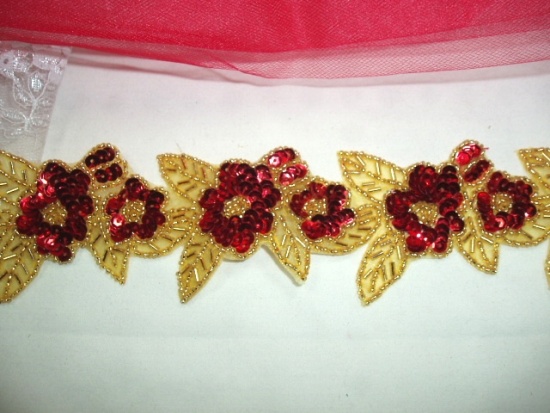 0255  Red & Gold Floral Beaded Trim 2.25"