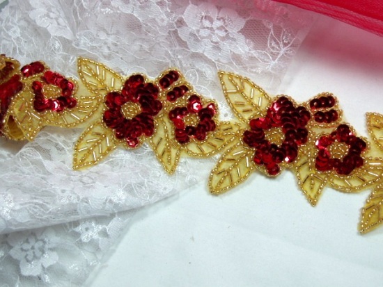 0255  Red & Gold Floral Beaded Trim 2.25"
