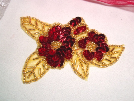 A0255  Red & Gold  Floral Sequin Beaded Applique 3.25"