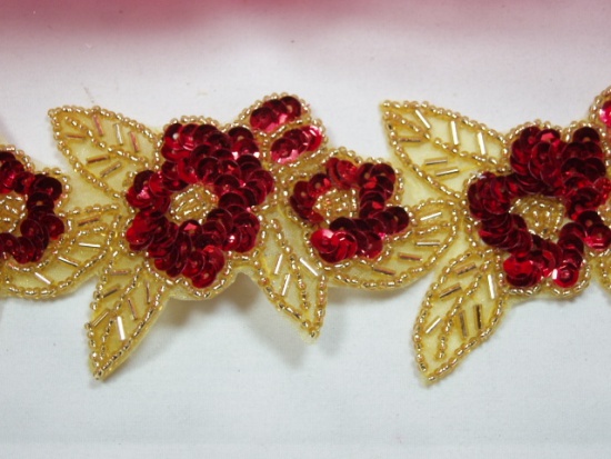 0255  Red & Gold Floral Beaded Trim 2.25"