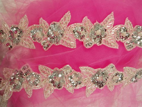 0255  Silver  Floral Beaded Trim 2.25"