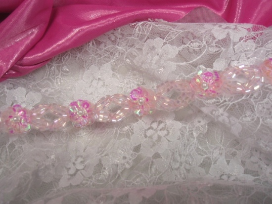 0258  Pink Crystal Pearl Floral Sequin Beaded Trim