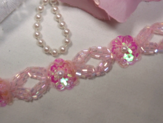 0258  Pink Crystal Pearl Floral Sequin Beaded Trim