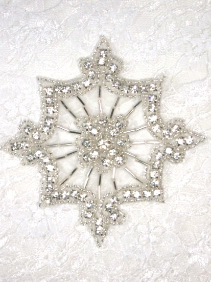 0260  Clear / Silver Genuine Rhinestone Beaded  Applique 4"