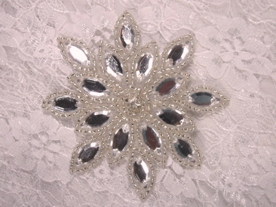 0348 Silver Beaded Snowflake Clear Jewel Rhinestone Applique 3"