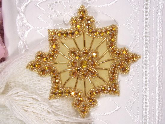 0260  Gold Jewel Gold Beaded Rhinestone Applique 4"