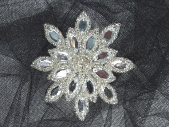 0348 Silver Beaded Snowflake Clear Jewel Rhinestone Applique 3"