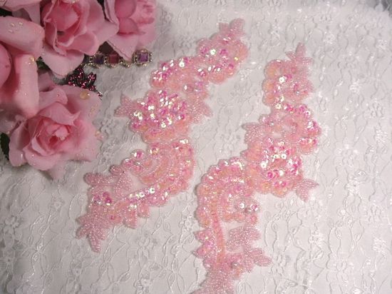 0263  Pink Crystal AB  Mirror Pair Sequin Beaded Appliques 9.5"