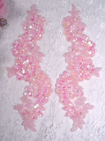 0263  Pink Crystal AB  Mirror Pair Sequin Beaded Appliques 9.5"