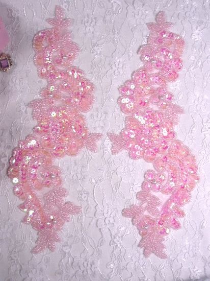 0263  Pink Crystal AB  Mirror Pair Sequin Beaded Appliques 9.5"