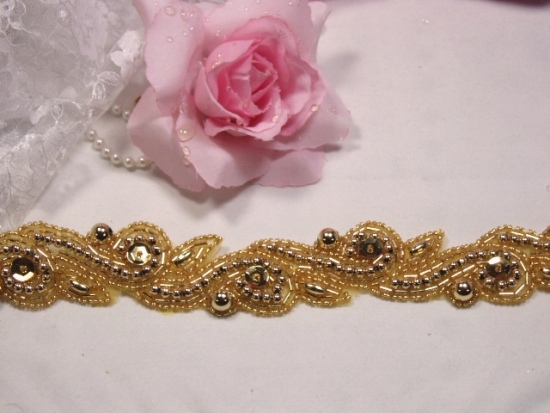 0266  Gold Designer Sequin Beaded Trim 1.25"