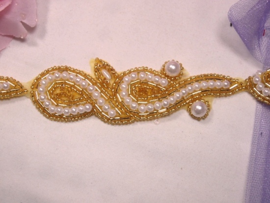 0267  Gold  and Pearl Designer Sequin Beaded Trim 1.25"