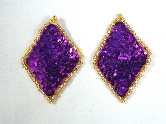 0271  Set of 2 Purple Diamond Sequin Beaded Appliques 1.5"