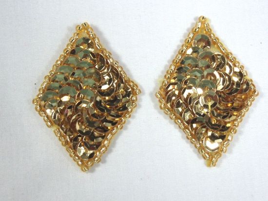 0271  Set of 2 Gold Diamond Sequin Beaded Appliques 1.5"