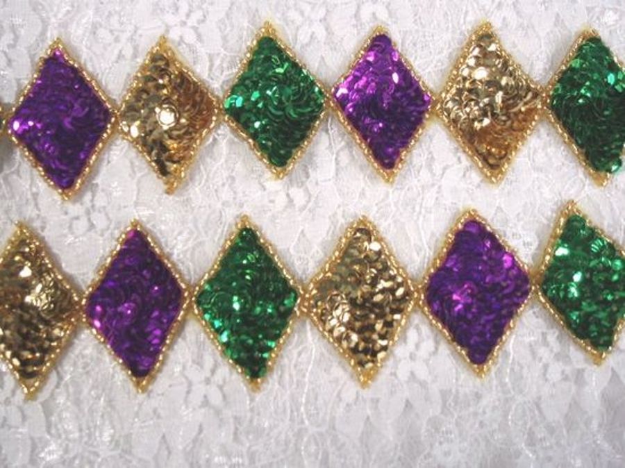 0271  Purple Green Gold Diamond Sequin Beaded Applique or Trim
