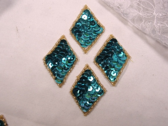 0271  Set of 4  Turquoise Diamond Sequin Beaded Appliques 1.5"
