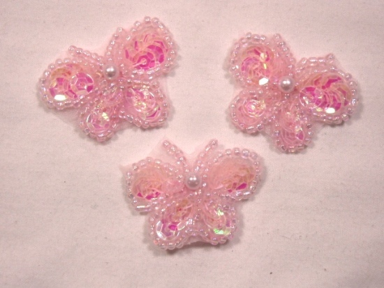 A0274  Set of 3 Pink Butterfly Sequin Beaded Applique 1.25"