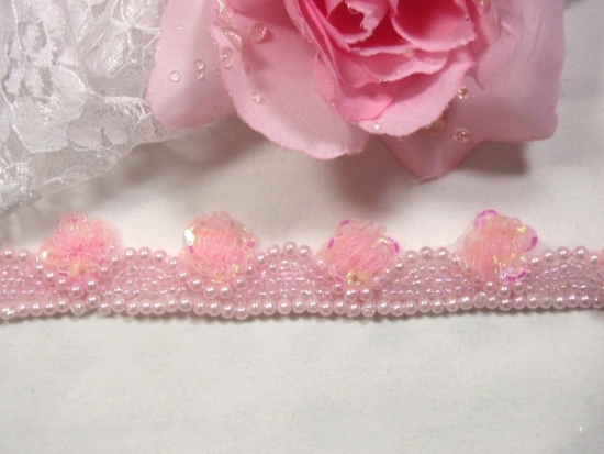 0275  Pink Crystal Pearl Floral Sequin Beaded Trim