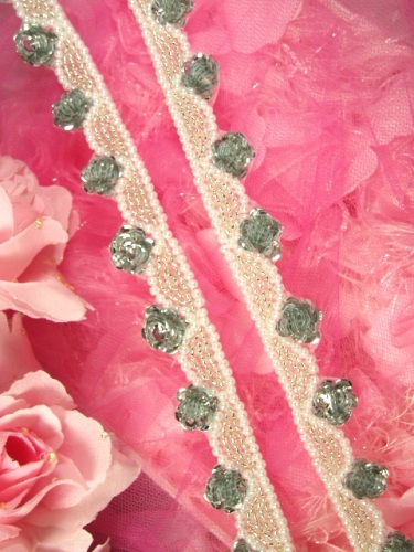 0275  Silver White Pearl Floral Sequin Beaded Trim