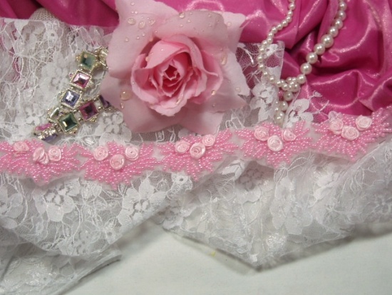 0276  Pink Floral Ribbon Rose Beaded Applique or Trim