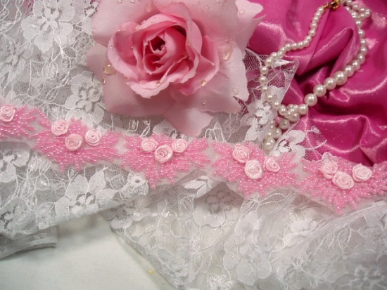 0276  Pink Floral Ribbon Rose Beaded Applique or Trim