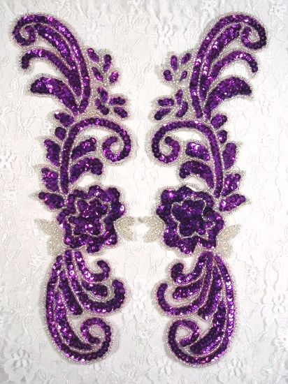 0281 Purple & Silver Mirror Pair Sequin Beaded Appliques 10"