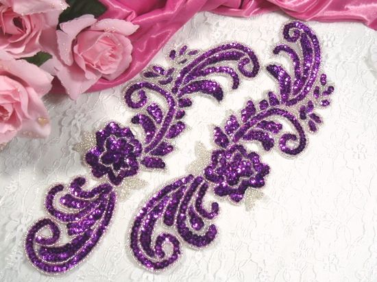 0281 Purple & Silver Mirror Pair Sequin Beaded Appliques 10"