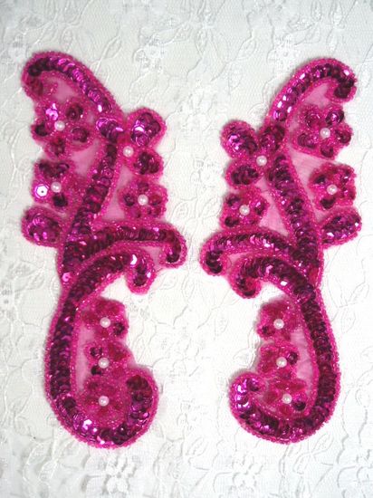 0282 Fuchsia Mirror Pair Sequin Beaded Appliques 6"