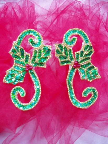 0286  Christmas Holly Mirror Pair Beaded Sequin Appliques  5"