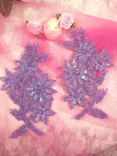 0297  Lavender Mirror Pair Sequin Beaded Appliques 6"