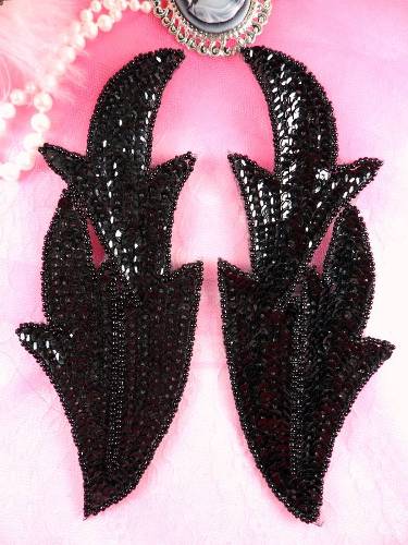 0299 Black Leaves Mirror Pair Sequin Beaded Appliques 7"