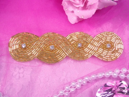 0303  Gold Rhinestone Beaded Applique 5"