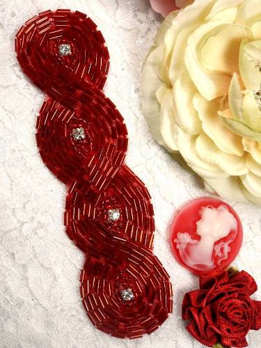 0303  Red Braided Rhinestone Beaded Applique 5"