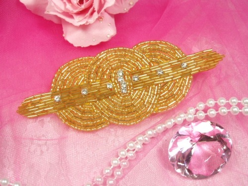0409 Gold Rhinestone Triple Circle Beaded Applique  5.75"
