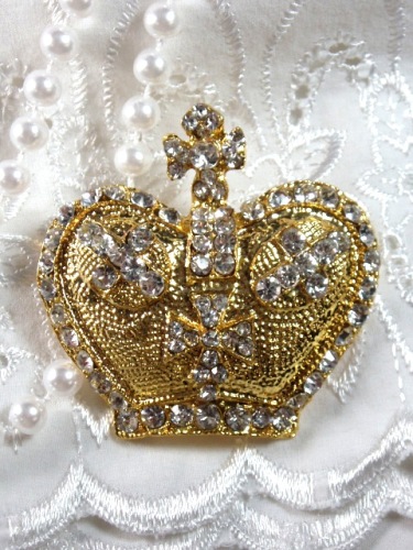 0308  Gold Rhinestone Crown Brooch Pin 2"