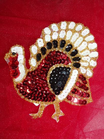 0312  Thanksgiving Turkey Beaded Sequin Applique  4"