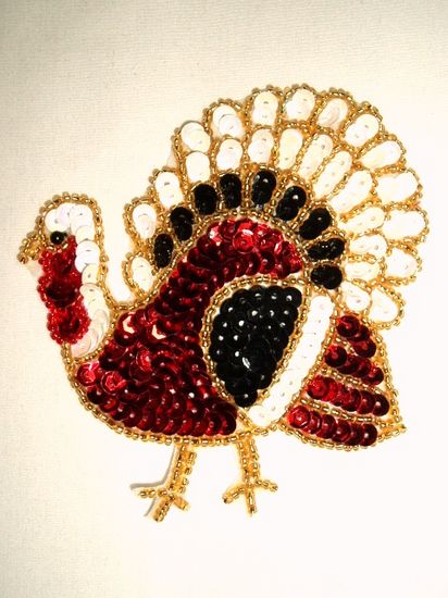 0312  Thanksgiving Turkey Beaded Sequin Applique  4"