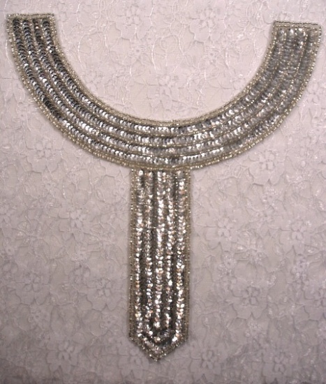 K8397  Silver Collar Sequin Beaded Applique 9.5"